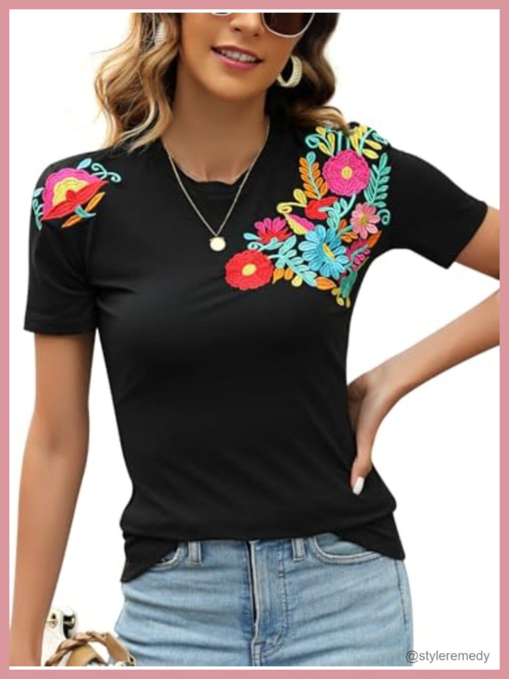 Embroidered Mexican Floral Tunic Blouse Short Sleeve Summer Top